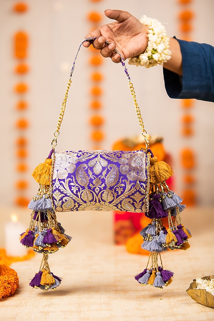 Purple Brocade Zari Motif Embellished Handbag by 5 Elements at Pernia's Pop Up Shop