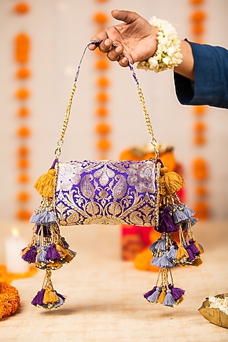 Purple Brocade Zari Motif Embellished Handbag by 5 Elements