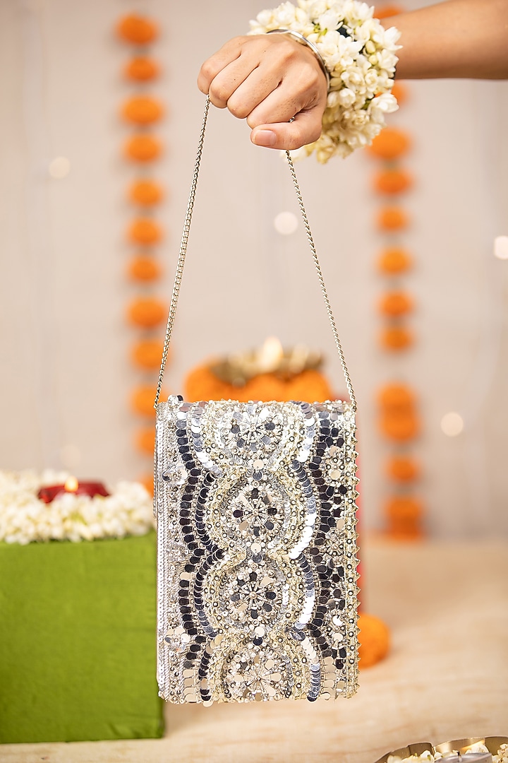 Silver PU Mirror & Sequin Embroidered Handbag by 5 Elements at Pernia's Pop Up Shop
