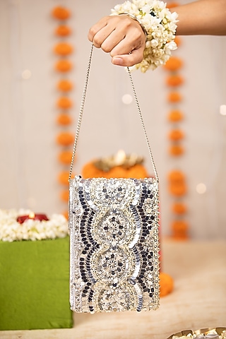 Silver PU Mirror & Sequin Embroidered Handbag by 5 Elements