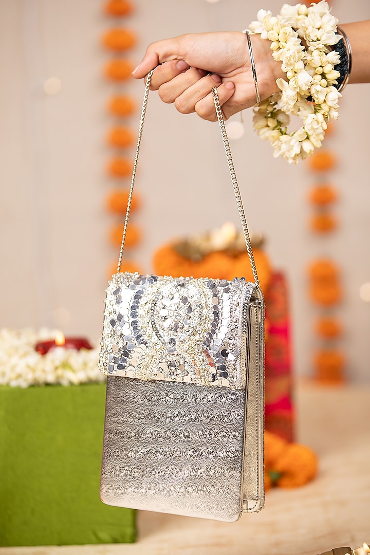 Silver PU Mirror & Sequin Embroidered Handbag by 5 Elements at Pernia's Pop Up Shop