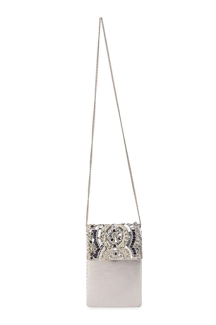 Silver PU Mirror & Sequin Embroidered Handbag by 5 Elements at Pernia's Pop Up Shop