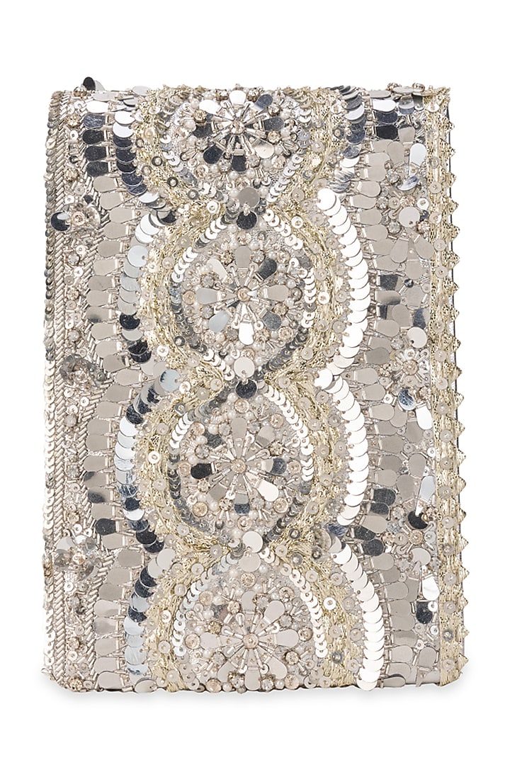 Silver PU Mirror & Sequin Embroidered Handbag by 5 Elements at Pernia's Pop Up Shop