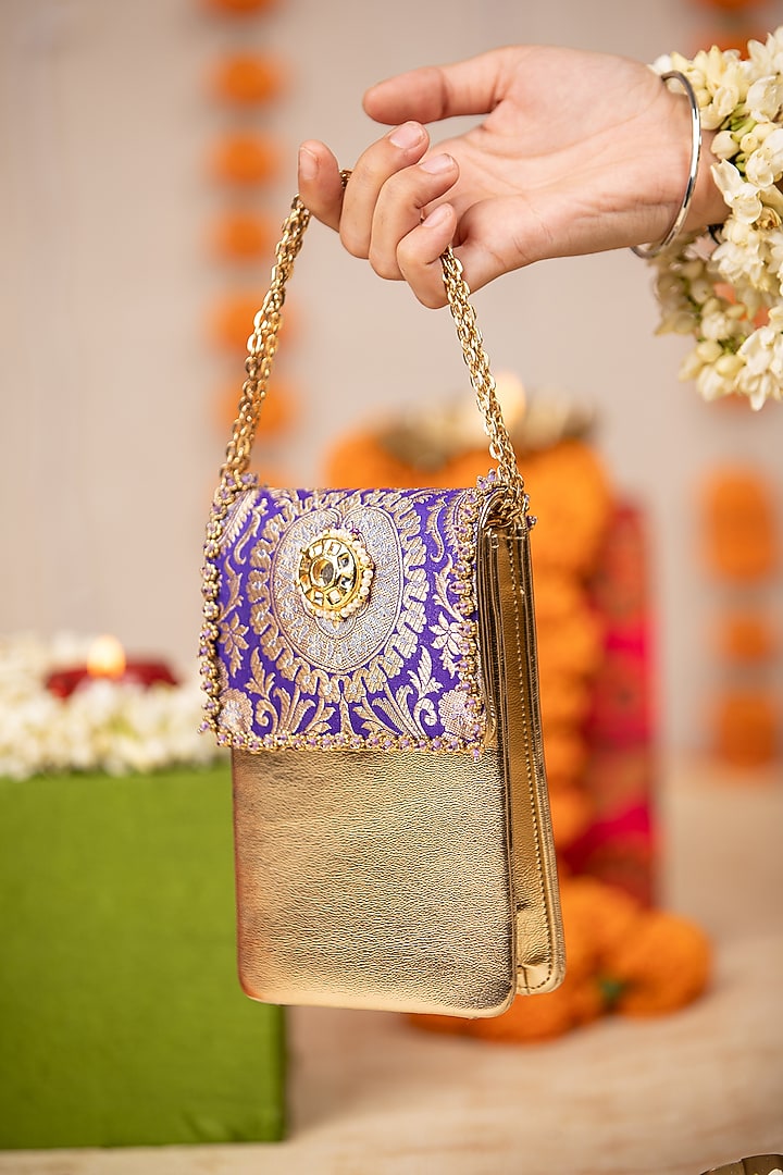 Purple Brocade & PU Zari Embroidered Handbag by 5 Elements at Pernia's Pop Up Shop