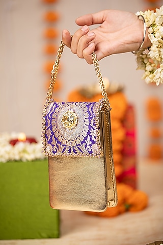 Purple Brocade & PU Zari Embroidered Handbag by 5 Elements