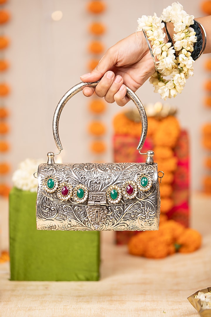 Silver Metallic Pearl Embellished Handbag by 5 Elements at Pernia's Pop Up Shop