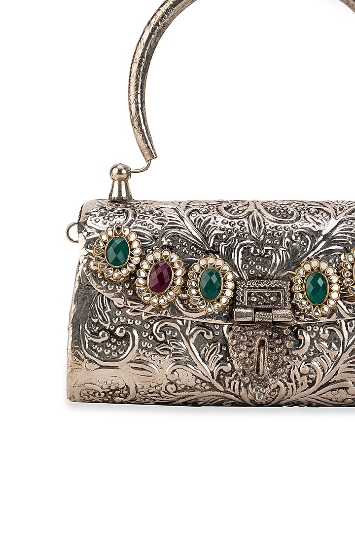 Silver Metallic Pearl Embellished Handbag by 5 Elements at Pernia's Pop Up Shop