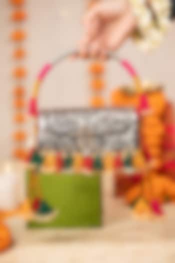 Silver Metallic Floral Motif Embellished Handbag by 5 Elements at Pernia's Pop Up Shop