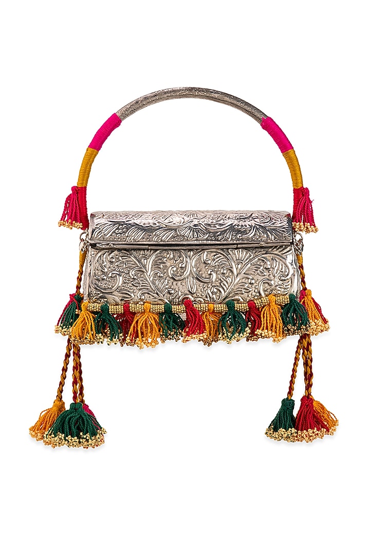 Silver Metallic Floral Motif Embellished Handbag by 5 Elements at Pernia's Pop Up Shop