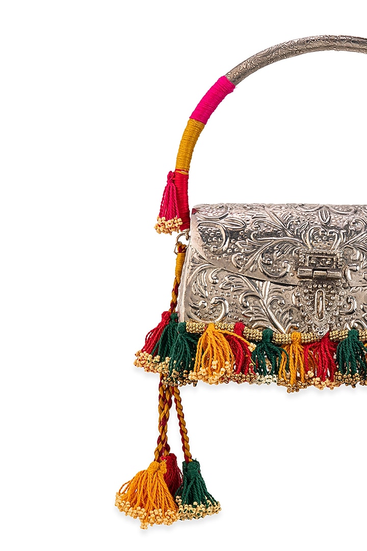 Silver Metallic Floral Motif Embellished Handbag by 5 Elements at Pernia's Pop Up Shop