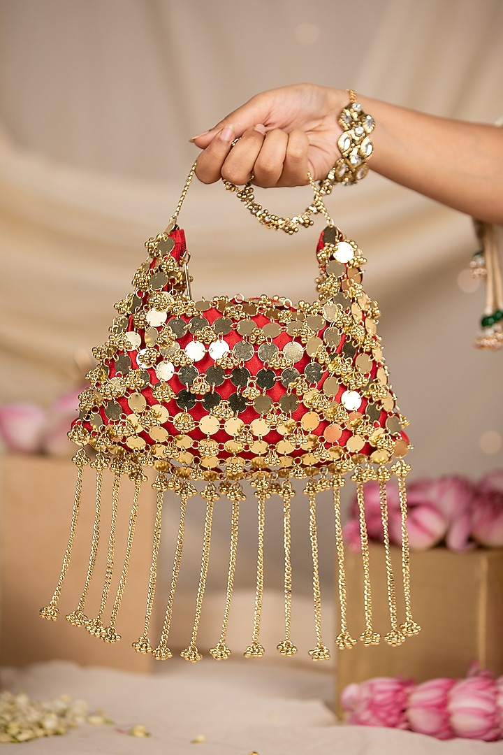 Red Silk Mirror & Gold Embellished Potli by 5 Elements at Pernia's Pop Up Shop