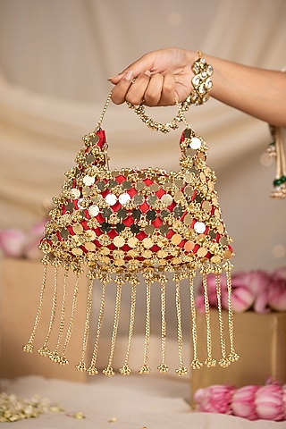 Red Silk Mirror & Gold Embellished Potli by 5 Elements