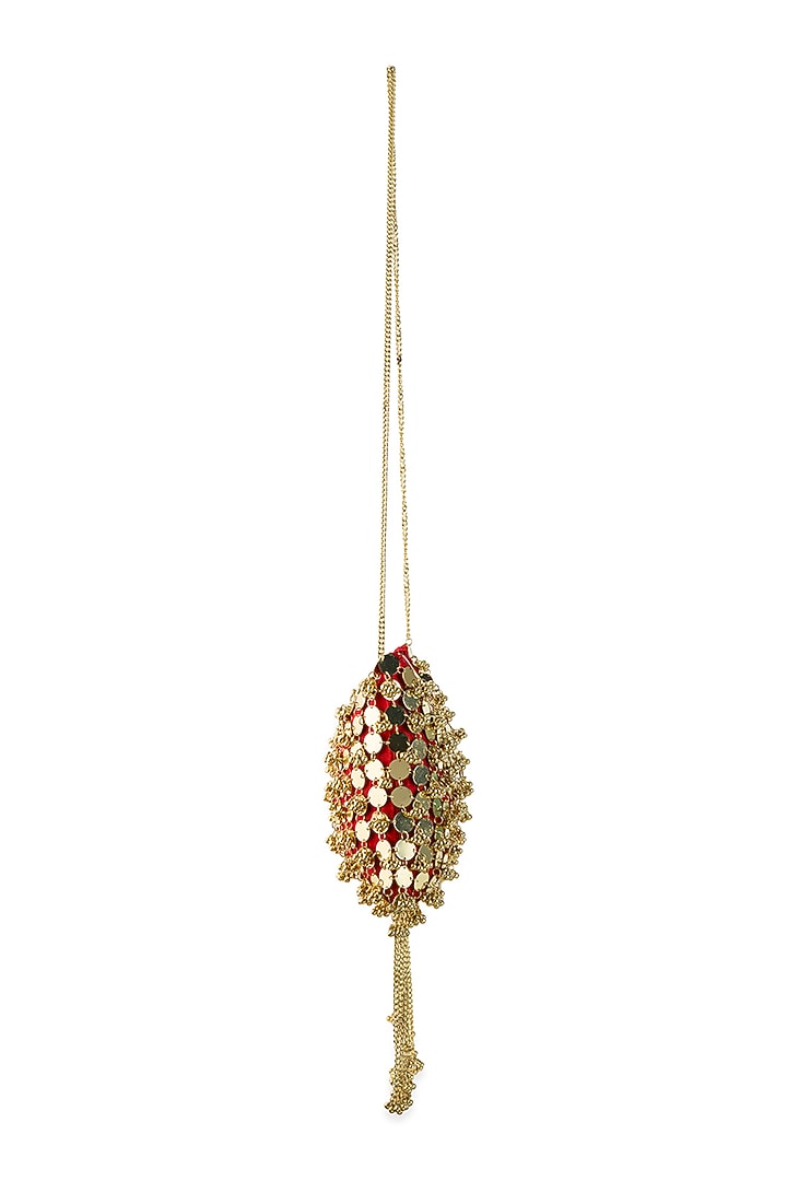 Red Silk Mirror & Gold Embellished Potli by 5 Elements at Pernia's Pop Up Shop