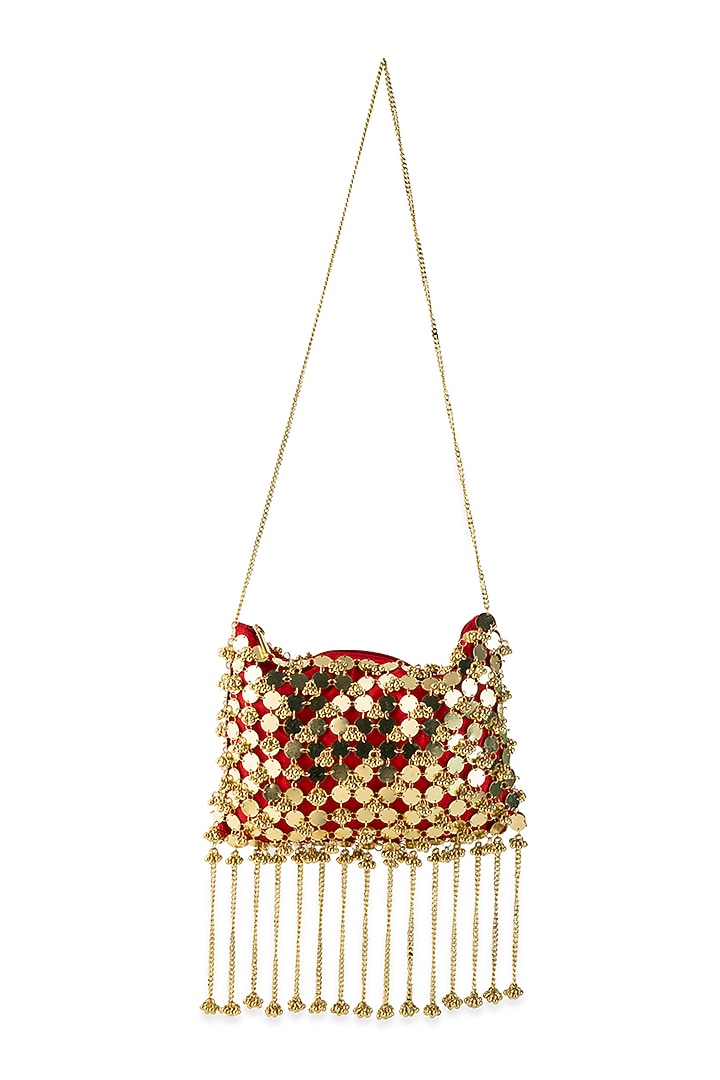 Red Silk Mirror & Gold Embellished Potli by 5 Elements at Pernia's Pop Up Shop