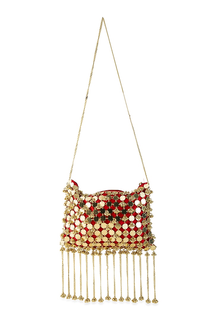 Red Silk Mirror & Gold Embellished Potli by 5 Elements at Pernia's Pop Up Shop