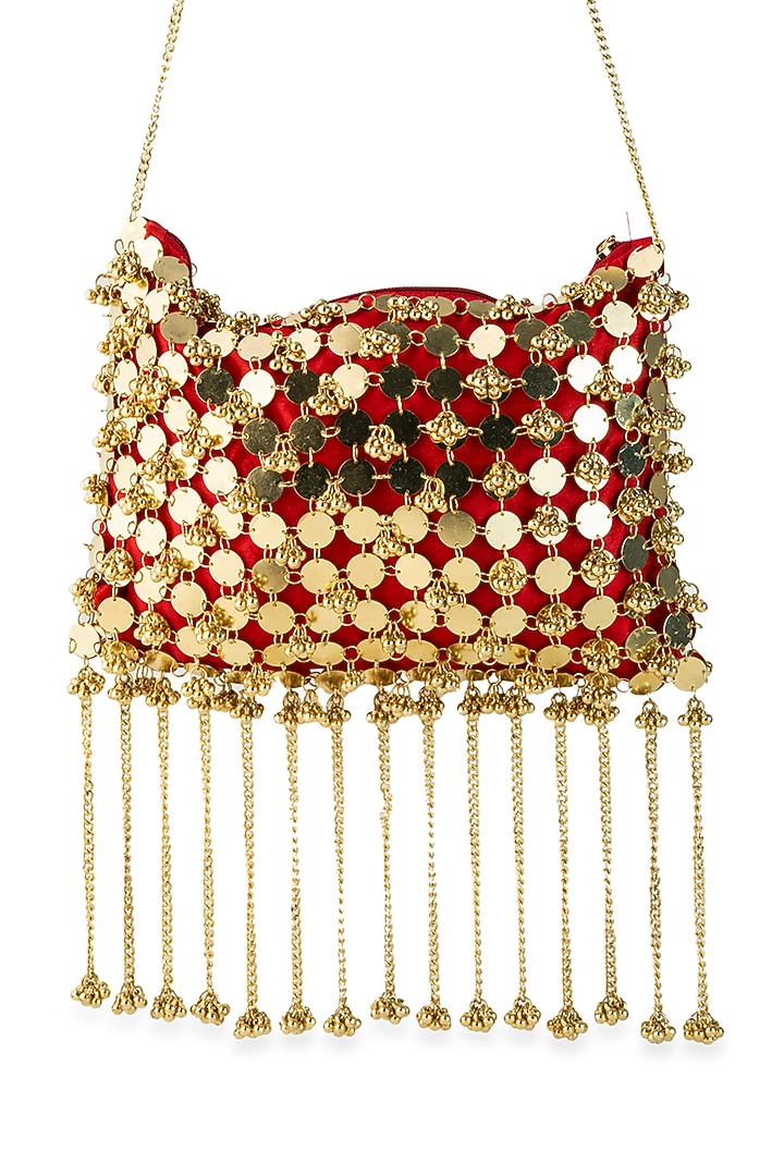 Red Silk Mirror & Gold Embellished Potli by 5 Elements at Pernia's Pop Up Shop