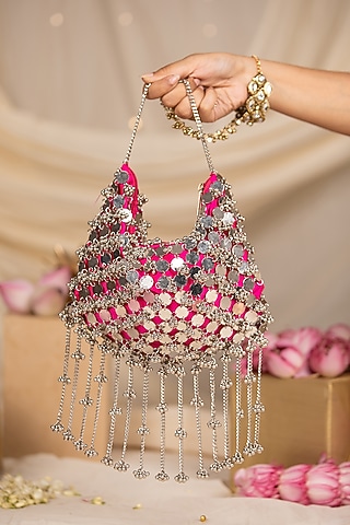 Pink Silk Mirror & Gold Embellished Potli by 5 Elements