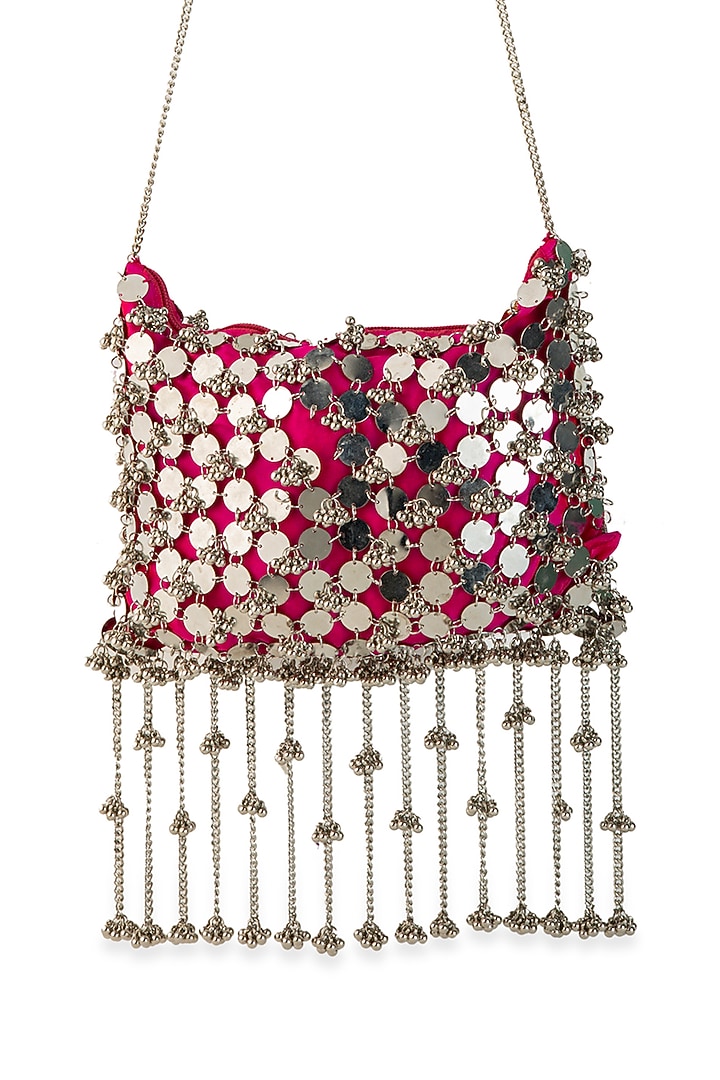 Pink Silk Mirror & Gold Embellished Potli by 5 Elements at Pernia's Pop Up Shop