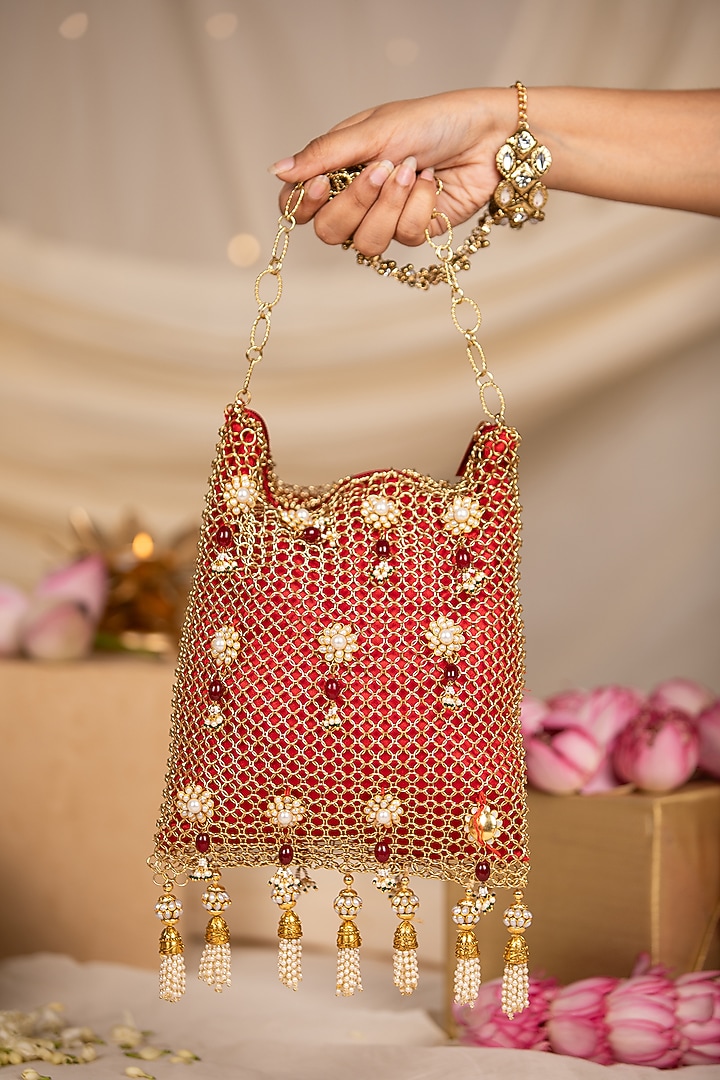 Red Silk & Ornate Mesh Pearl Embellished Potli by 5 Elements at Pernia's Pop Up Shop