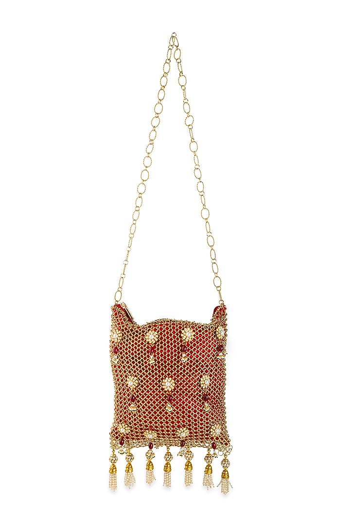 Red Silk & Ornate Mesh Pearl Embellished Potli by 5 Elements at Pernia's Pop Up Shop
