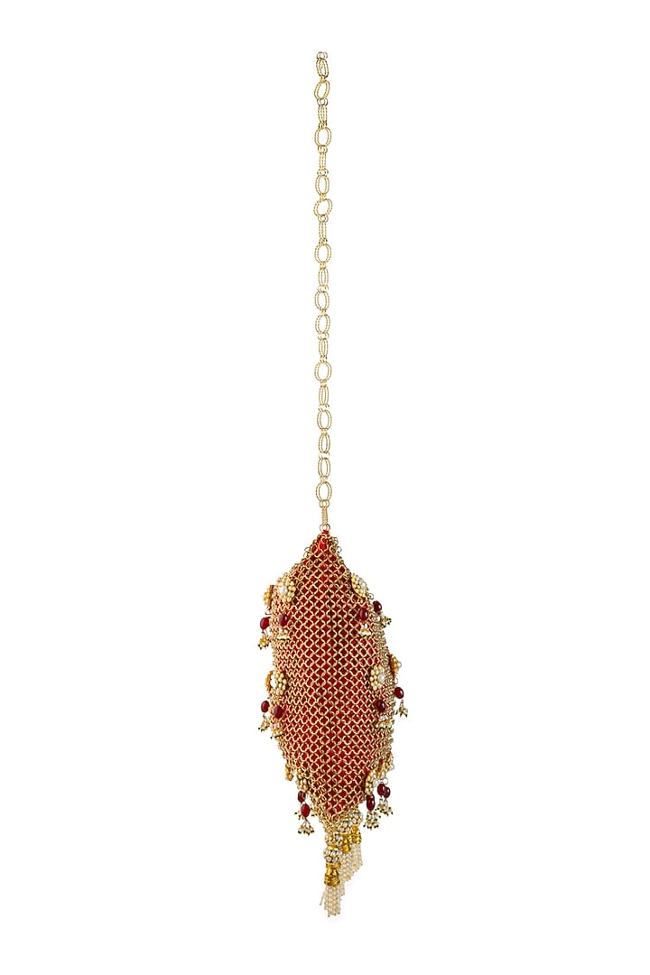 Red Silk & Ornate Mesh Pearl Embellished Potli by 5 Elements at Pernia's Pop Up Shop