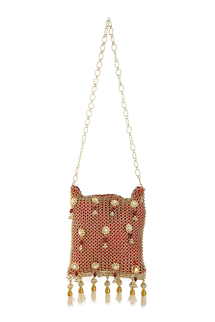 Red Silk & Ornate Mesh Pearl Embellished Potli by 5 Elements at Pernia's Pop Up Shop