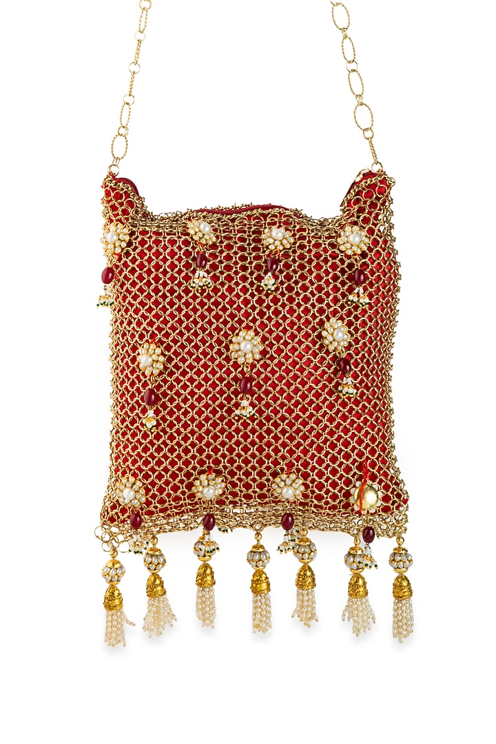 Red Silk & Ornate Mesh Pearl Embellished Potli by 5 Elements at Pernia's Pop Up Shop