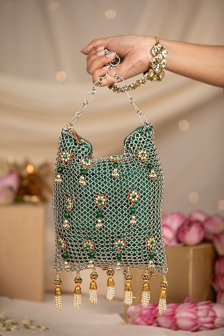 Green Silk Pearl Embellished Potli by 5 Elements at Pernia's Pop Up Shop