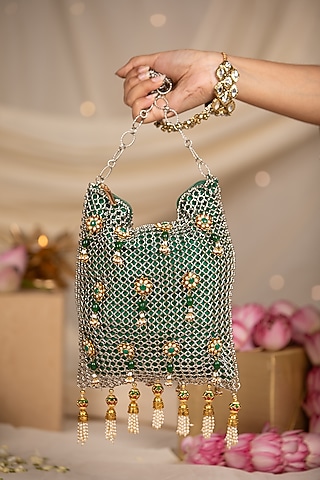Green Silk Pearl Embellished Potli by 5 Elements