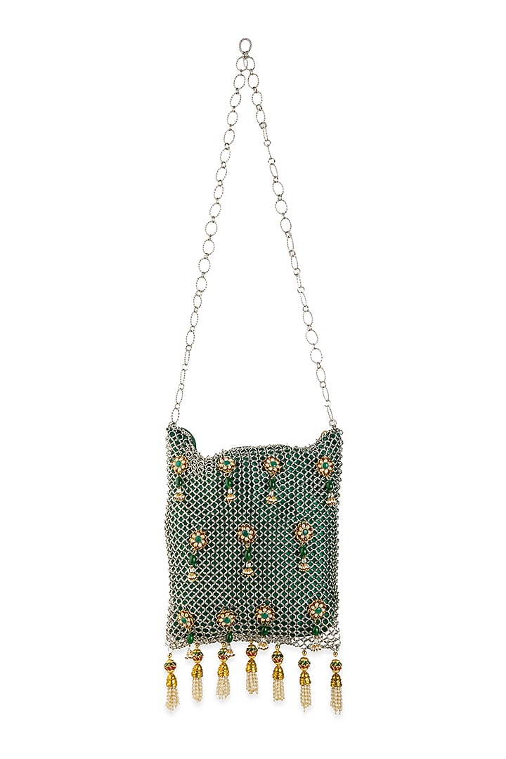 Green Silk Pearl Embellished Potli by 5 Elements at Pernia's Pop Up Shop
