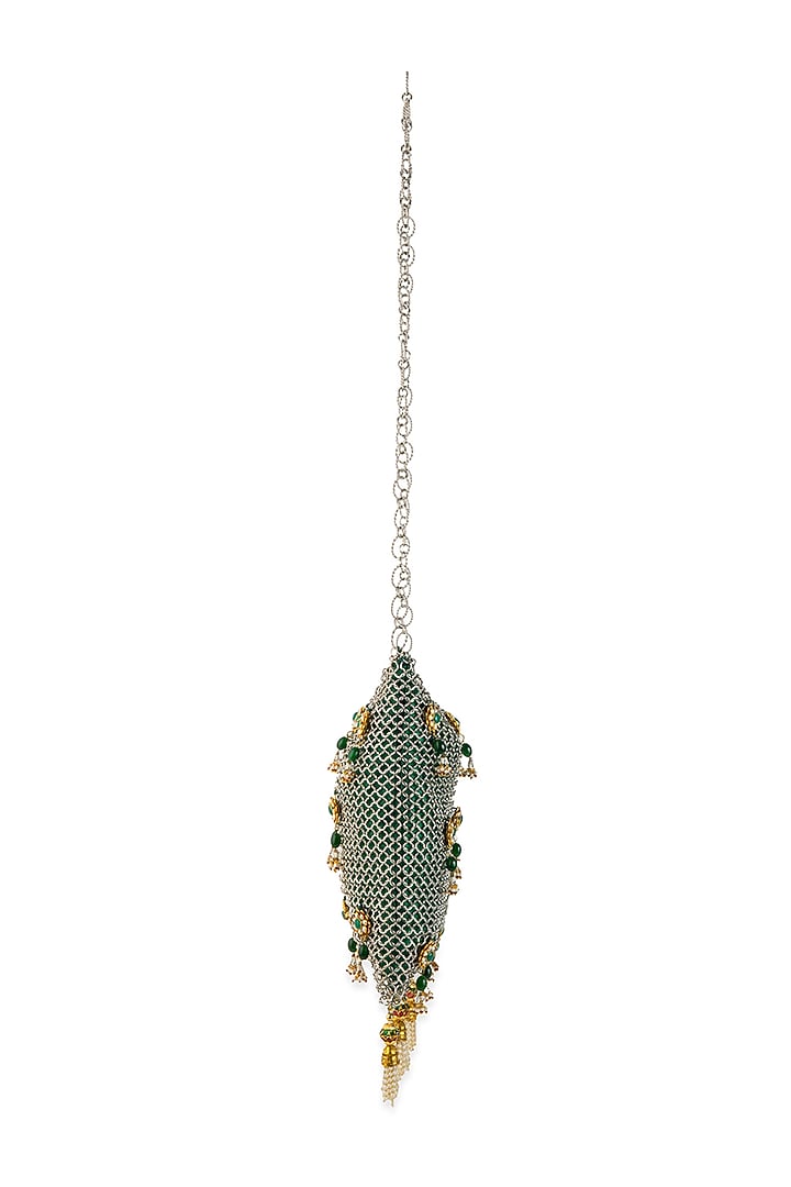 Green Silk Pearl Embellished Potli by 5 Elements at Pernia's Pop Up Shop