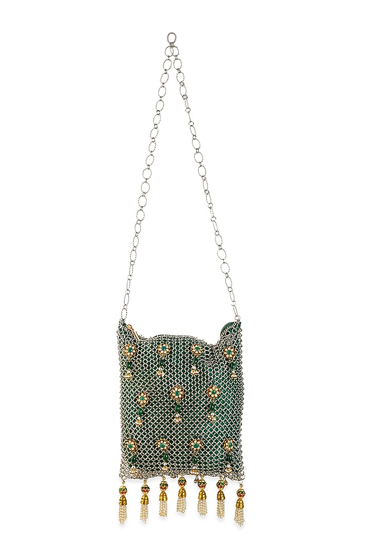 Green Silk Pearl Embellished Potli by 5 Elements at Pernia's Pop Up Shop