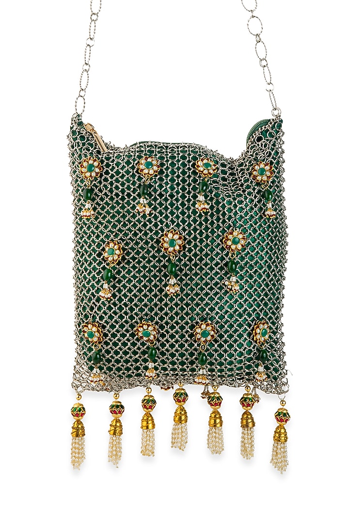 Green Silk Pearl Embellished Potli by 5 Elements at Pernia's Pop Up Shop