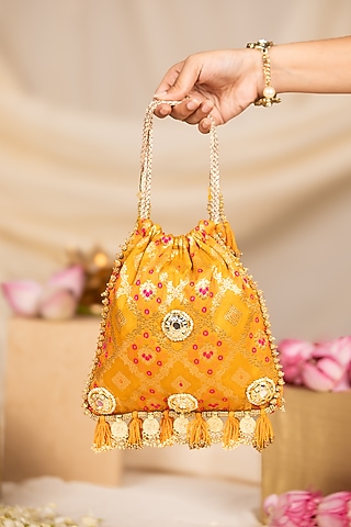Yellow Silk Mirror Embellished Potli by 5 Elements
