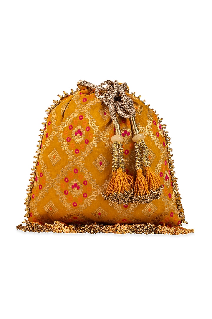 Yellow Silk Mirror Embellished Potli by 5 Elements at Pernia's Pop Up Shop