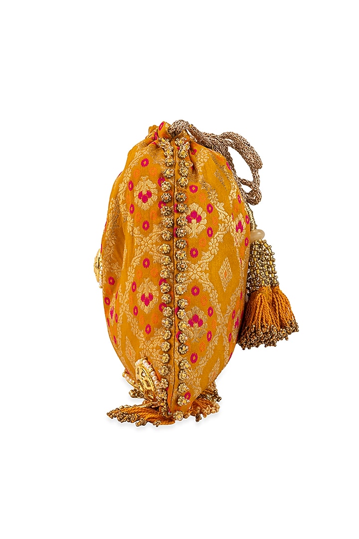 Yellow Silk Mirror Embellished Potli by 5 Elements at Pernia's Pop Up Shop