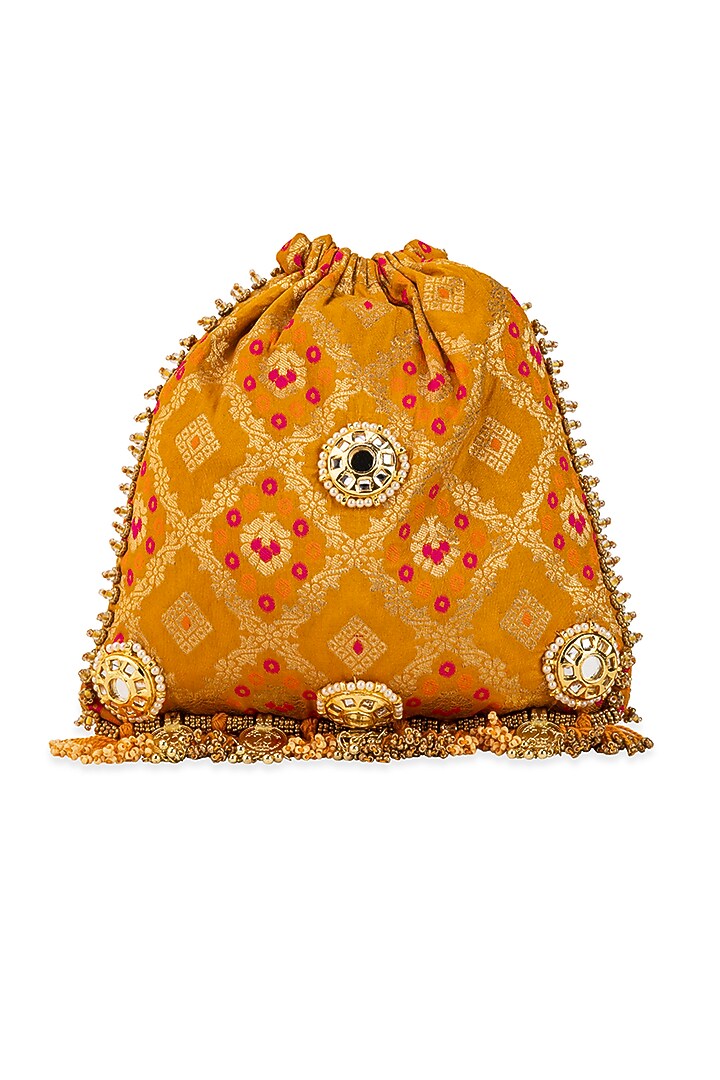 Yellow Silk Mirror Embellished Potli by 5 Elements at Pernia's Pop Up Shop
