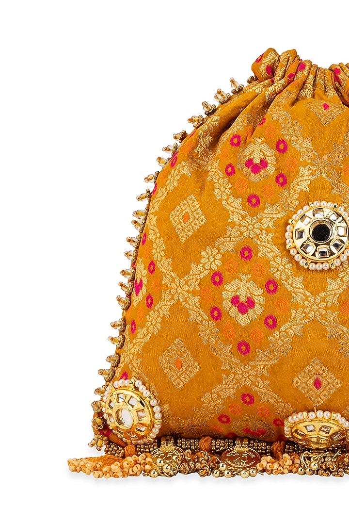 Yellow Silk Mirror Embellished Potli by 5 Elements at Pernia's Pop Up Shop