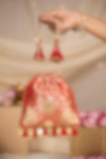 Red Brocade & PU Mirror Embellished Potli by 5 Elements at Pernia's Pop Up Shop