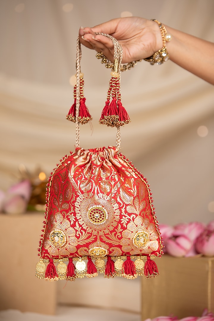 Red Brocade & PU Mirror Embellished Potli by 5 Elements at Pernia's Pop Up Shop