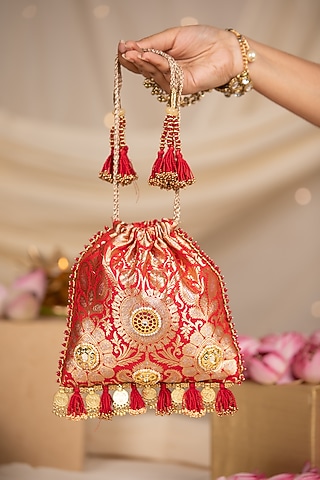 Red Brocade & PU Mirror Embellished Potli by 5 Elements