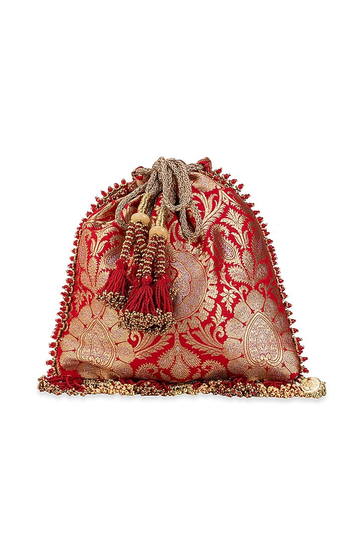 Red Brocade & PU Mirror Embellished Potli by 5 Elements at Pernia's Pop Up Shop