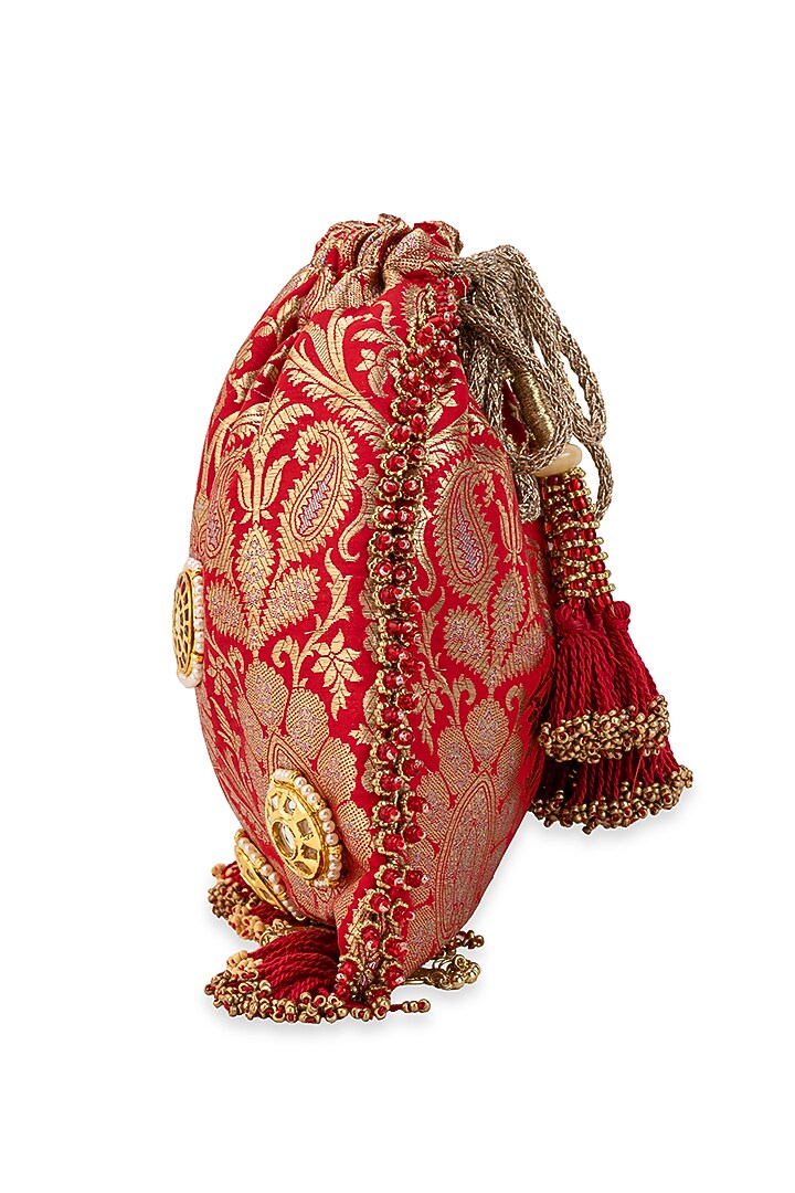 Red Brocade & PU Mirror Embellished Potli by 5 Elements at Pernia's Pop Up Shop