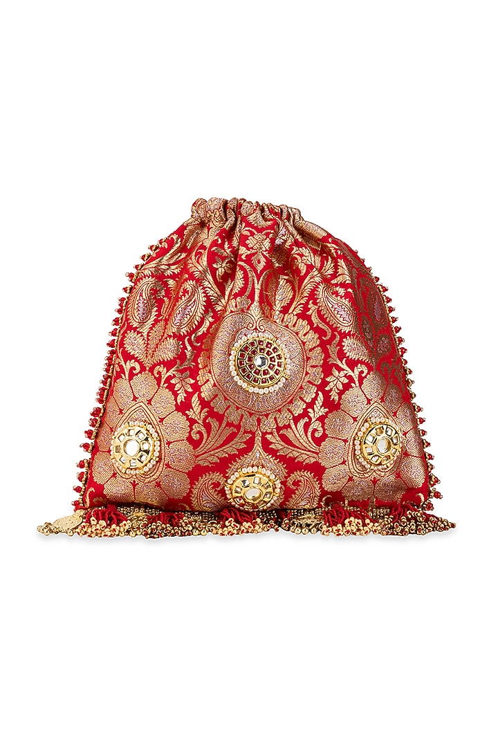Red Brocade & PU Mirror Embellished Potli by 5 Elements at Pernia's Pop Up Shop