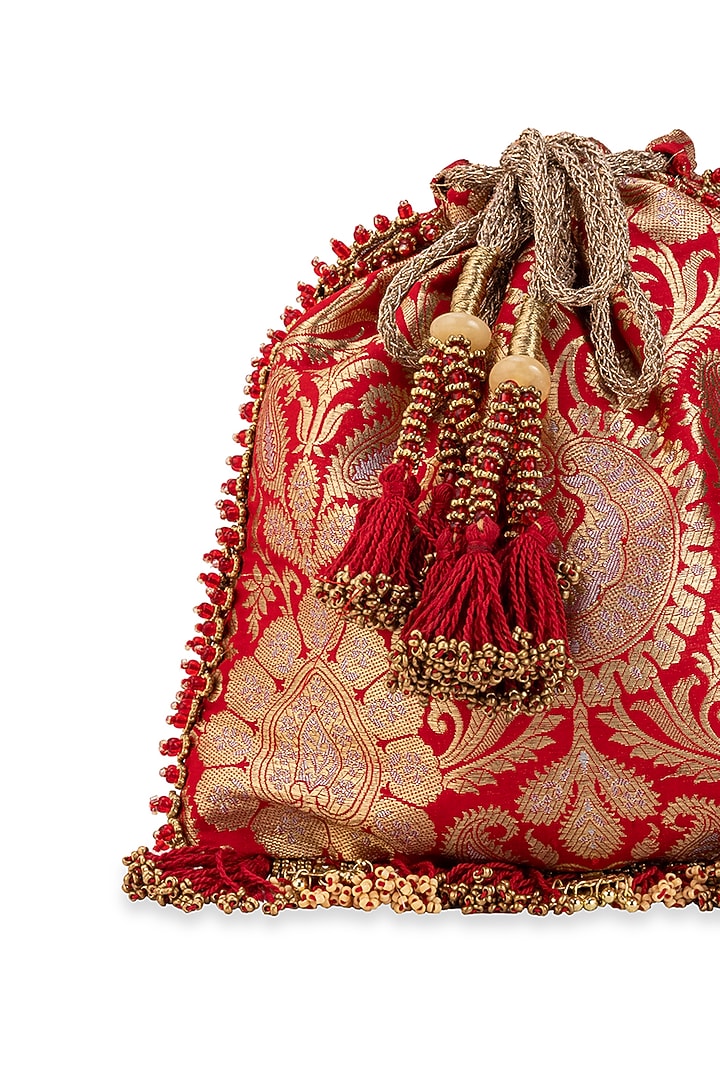 Red Brocade & PU Mirror Embellished Potli by 5 Elements at Pernia's Pop Up Shop