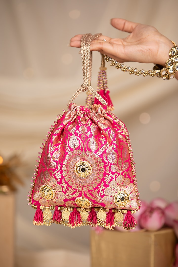 Pink Brocade & PU Mirror Embellished Potli by 5 Elements at Pernia's Pop Up Shop