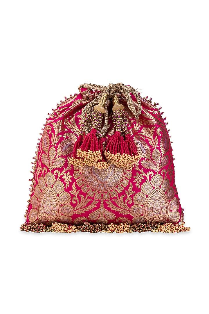 Pink Brocade & PU Mirror Embellished Potli by 5 Elements at Pernia's Pop Up Shop