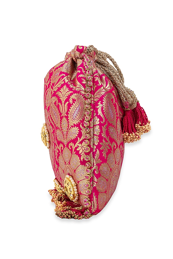 Pink Brocade & PU Mirror Embellished Potli by 5 Elements at Pernia's Pop Up Shop