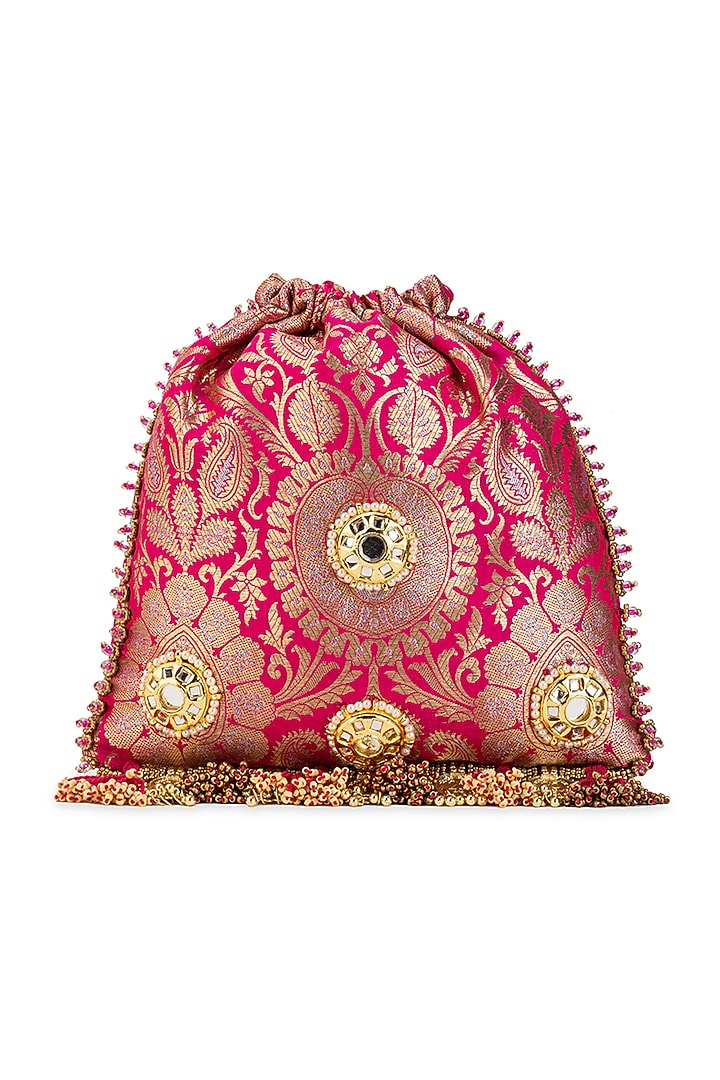 Pink Brocade & PU Mirror Embellished Potli by 5 Elements at Pernia's Pop Up Shop