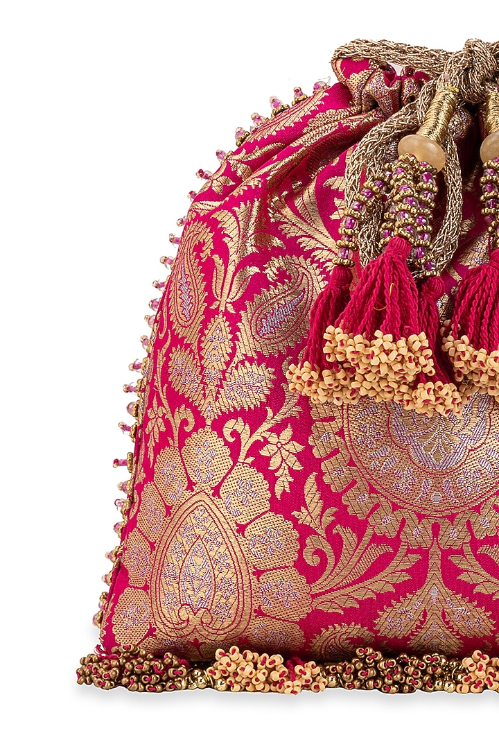 Pink Brocade & PU Mirror Embellished Potli by 5 Elements at Pernia's Pop Up Shop